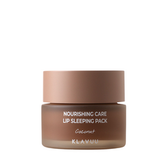 Brun krukke med låg, tekst "Nourishing Care Lip Sleeping Pack Coconut" og "Klavuu" på forsiden.