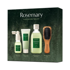 Aromatica Rosemary Scalp Scaling Trial Kit med tonic, scrub, shampoo og træbørste på grøn baggrund.