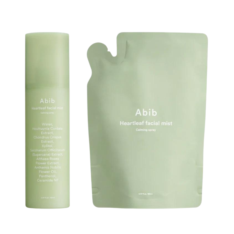 Lysgrøn sprayflaske og refillpose fra Abib, mærket "Heartleaf Facial Mist Calming Spray".