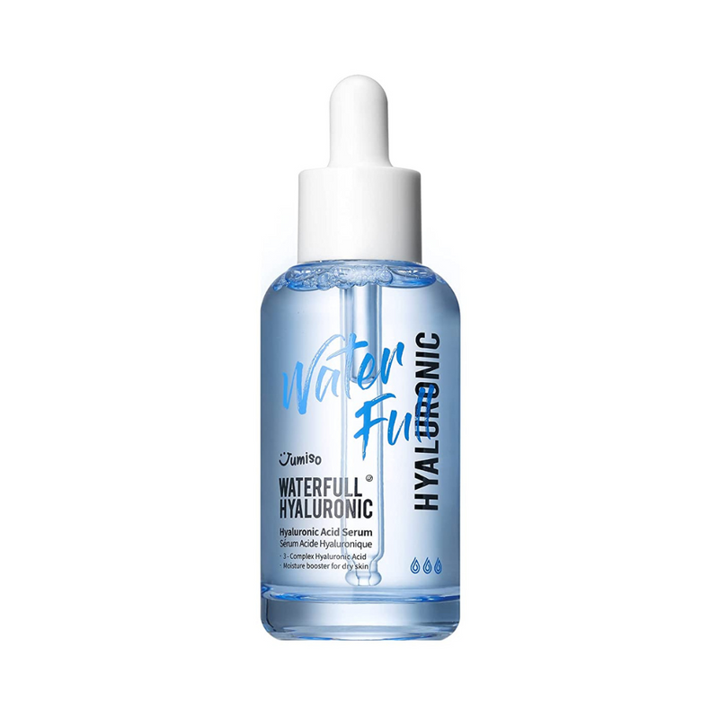 Klar flaske med pipette, mærket "Waterfull Hyaluronic" i blå tekst.