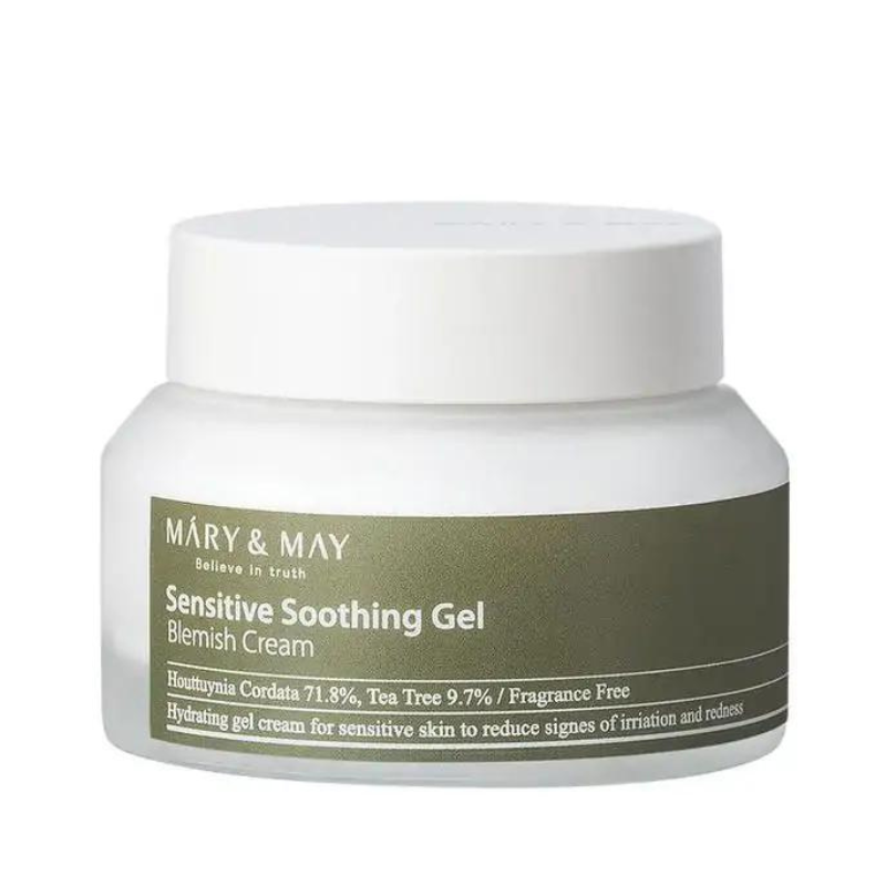 Hvid krukke med grøn etiket: Mary&May Sensitive Soothing Gel Blemish Cream, duftfri.