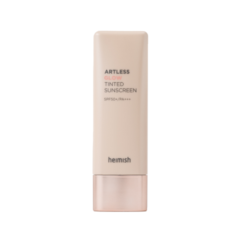 Beige tube med tekst "Artless Glow Tinted Sunscreen SPF50+ PA+++", mærke Heimish.