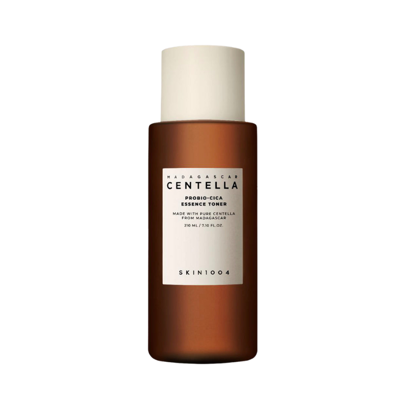 Brun flaske med hvid etiket og beige låg, SKIN1004 Madagascar Centella toner.