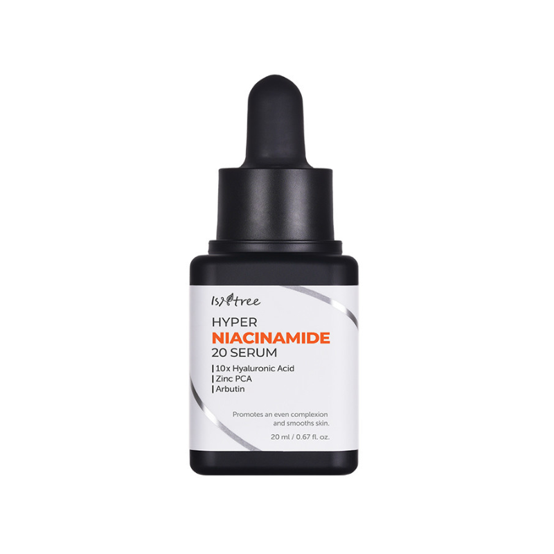 Sort flaske med dråber, Isntree Hyper Niacinamide 20 Serum, 20 ml, med ingrediensliste.
