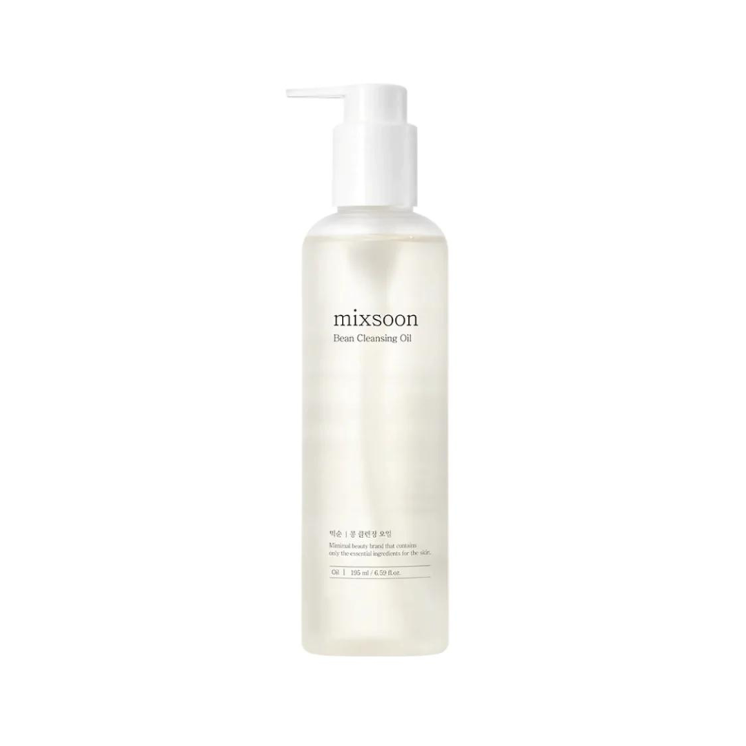 Klar flaske med hvid pumpe, mærket "Mixsoon Bean Cleansing Oil."