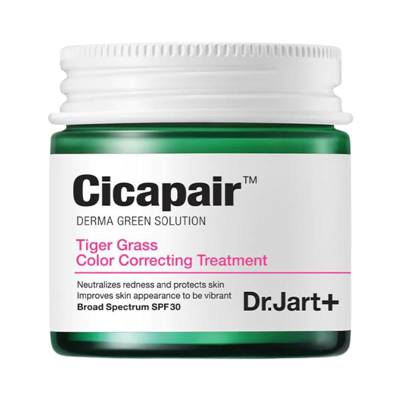 Grøn krukke med hvidt låg, Dr. Jart+ Cicapair Tiger Grass behandling, SPF 30, mod rødme.