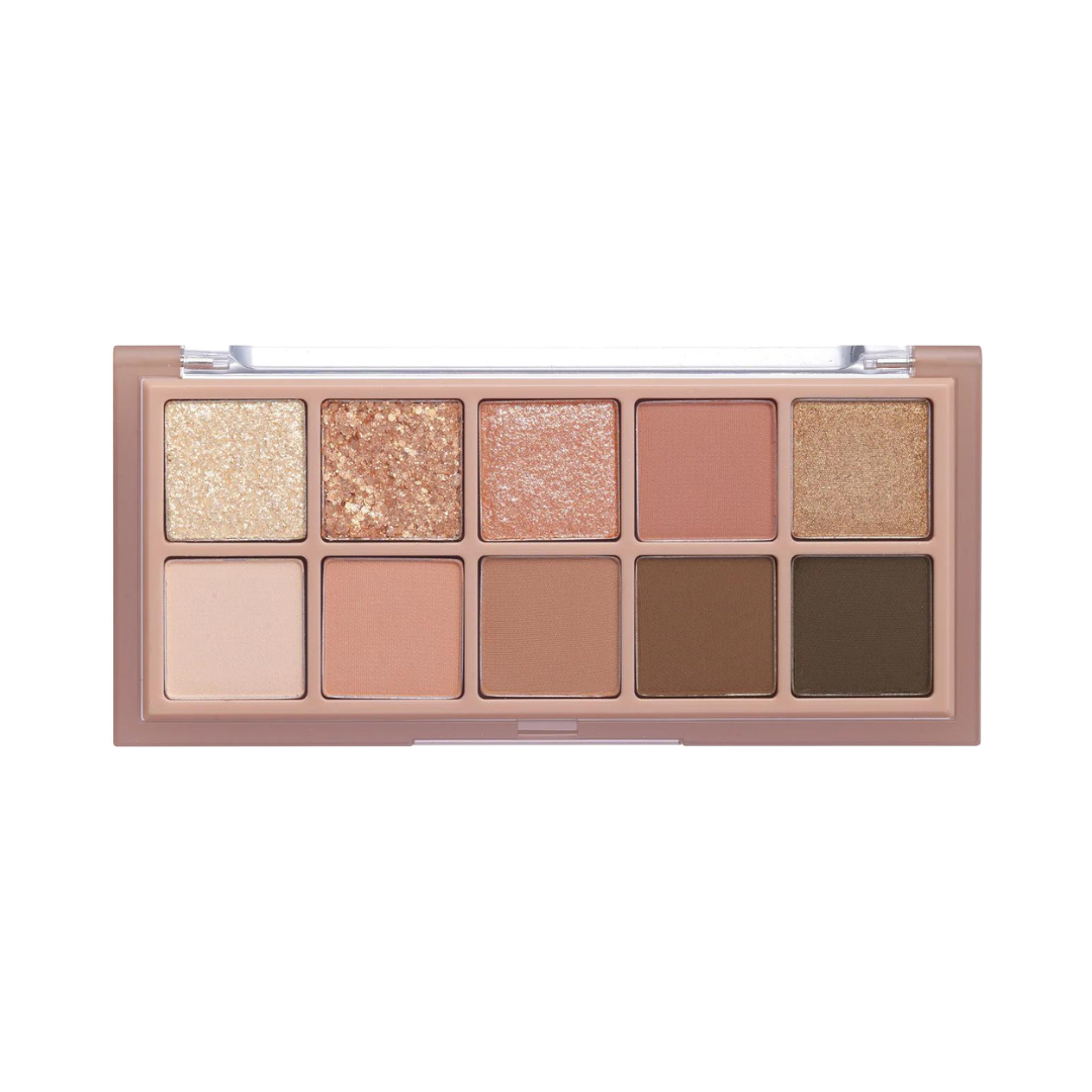 Øjenskyggepalette med 10 neutrale nuancer, både matte og skinnende, i brunlige og gyldne toner.