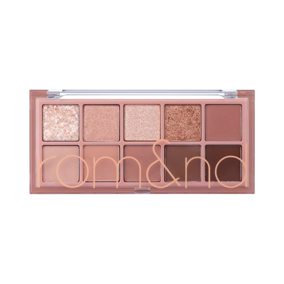 Øjenskyggepalette med 10 nuancer, fra lyserøde til brune, både skinnende og matte toner.