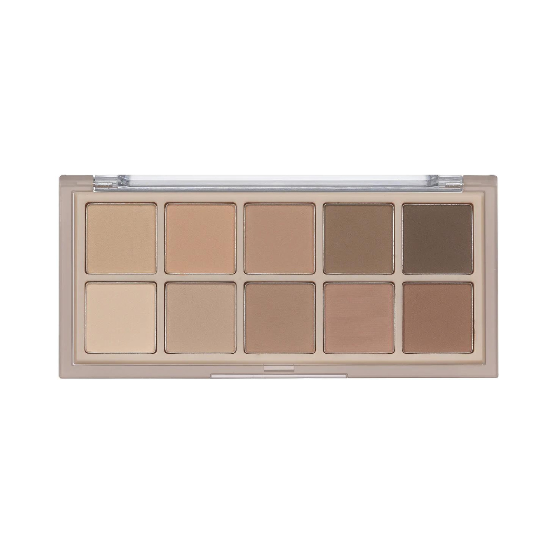Makeup palette med 10 neutrale nuancer fra lys beige til mørkebrun i to rækker.