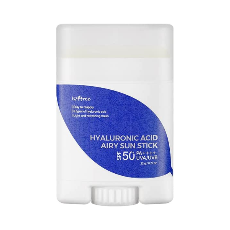 Hvid solstift med blåt label, Isntree Hyaluronic Acid, SPF 50+, PA++++, minimalistisk design.