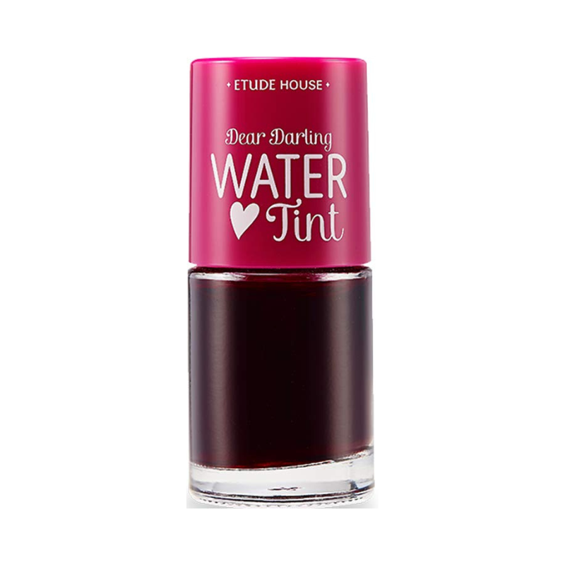 Klar flaske med mørkerød væske og pink låg. Tekst: "Dear Darling Water Tint" med hjerte.