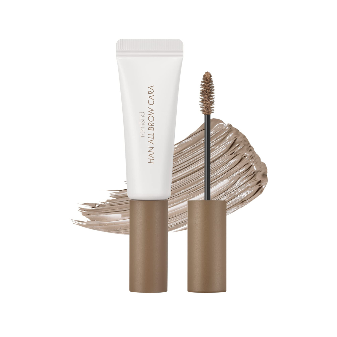 Hvid tube med "Han All Brow Cara" og åben børste med beige brynfarve.