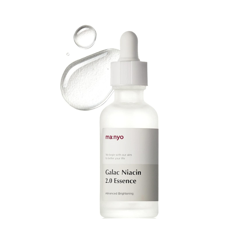 Klar flaske med hvid dråberlåg, mærket "Galac Niacin 2.0 Essence" fra Manyo.