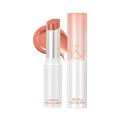 Rom&nd Glasting Melting Balm i nude. Åben stift med farveprøve. Enkel, elegant emballage.