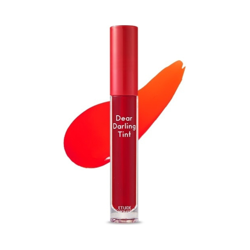 Rød Etude Dear Darling Water Gel Tint med rød-orange baggrundssmear.
