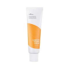 Hvid tube med orange detalje, Isntree C-Niacin Toning Cream, 50 ml, lysnende og fugtgivende.