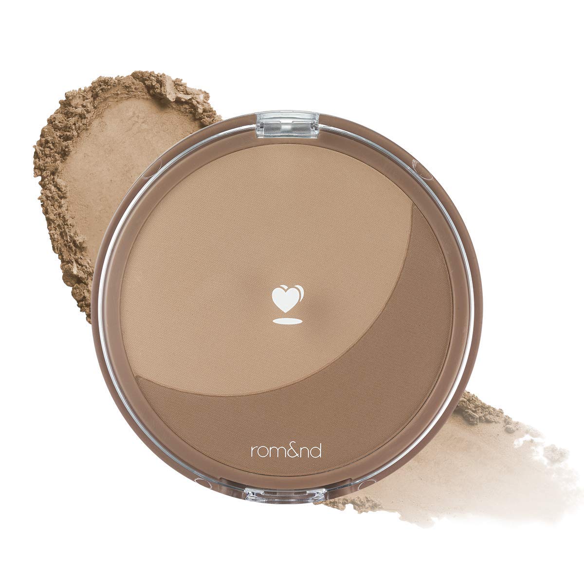 Makeup-kompakt med tre brune nuancer, hjerte-design og Rom&nd-logo.