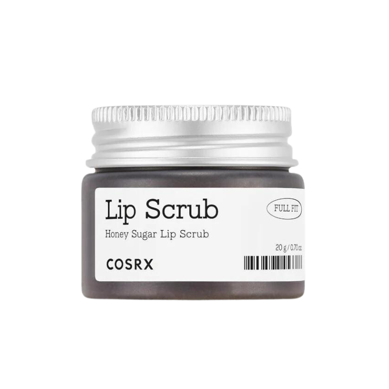 Lille mørk krukke med sølvlåg, etikette med teksten "Lip Scrub", "Honey Sugar Lip Scrub", "COSRX".
