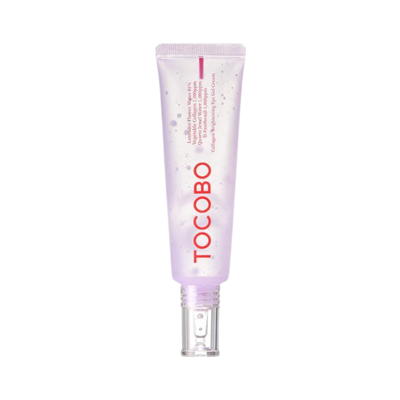 Lavendelrør med "TOCOBO" i rød skrift og gennemsigtigt låg. Collagen Brightening Eye Gel Cream.