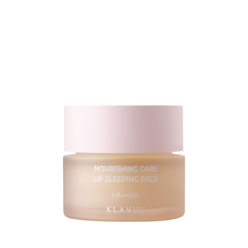Rund krukke med lyserød låg, beige krop og tekst "Nourishing Care Lip Sleeping Pack Vanilla Klavuu".