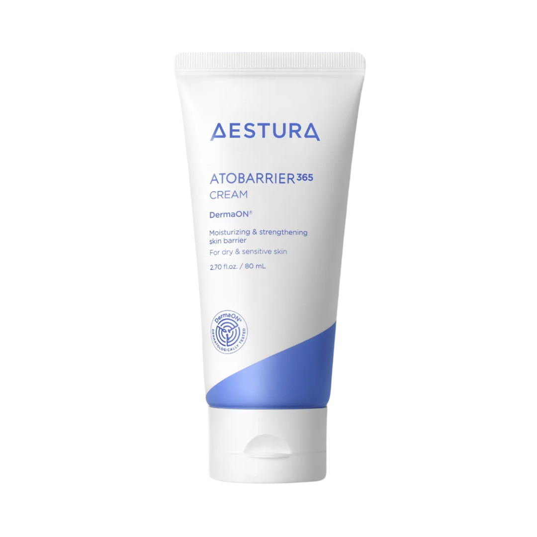 Hvid tube med blå detaljer, "AESTURA Atobarrier 365 Cream", 80 ml til tør og sensitiv hud.