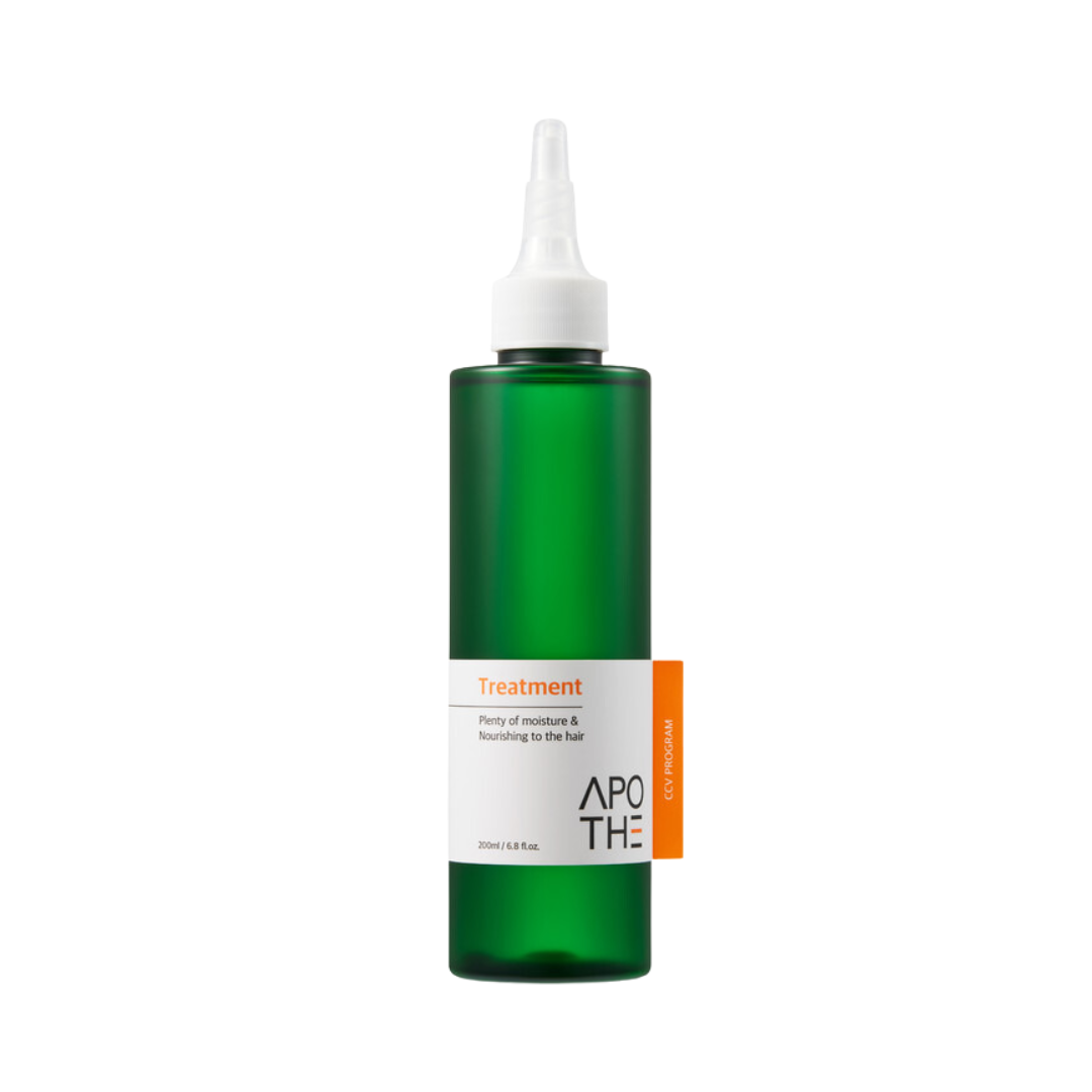 Grønt flaskedesign med hvidt og orange mærke, APOTHE Moist Nourishing Treatment, 200 ml.