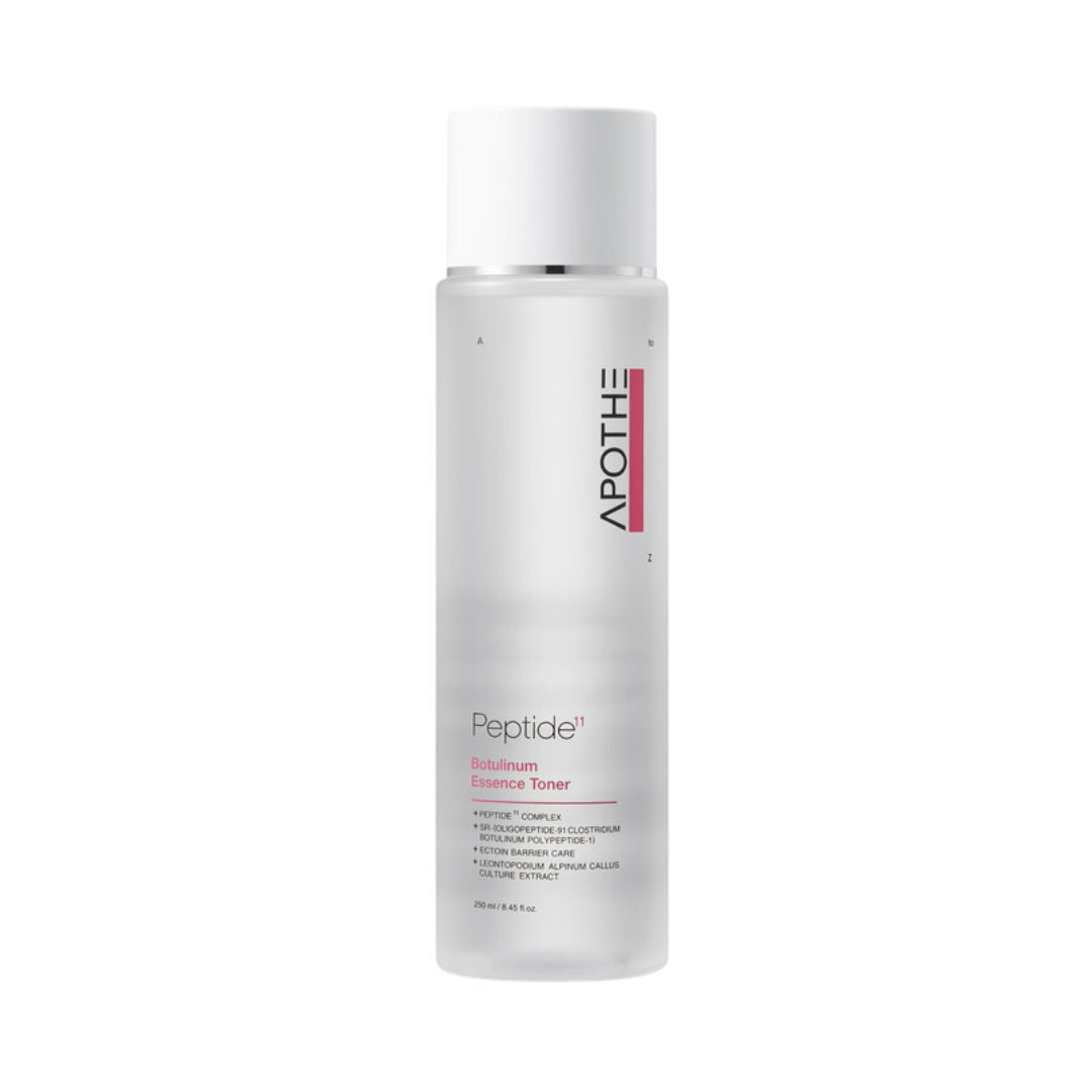 Slank flaske med hvid hætte, mærket APOTHE Peptide 11 Botulinum Essence Toner, 250 ml.