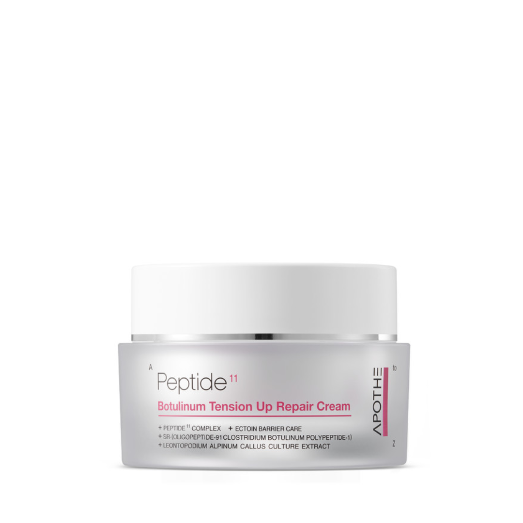 Hvid krukke med APOTHE Peptide 11 Botulinum Tension Up Repair Cream, tekst i rød og sort.