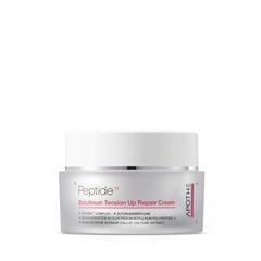 Hvid krukke med APOTHE Peptide 11 Botulinum Tension Up Repair Cream, tekst i rød og sort.