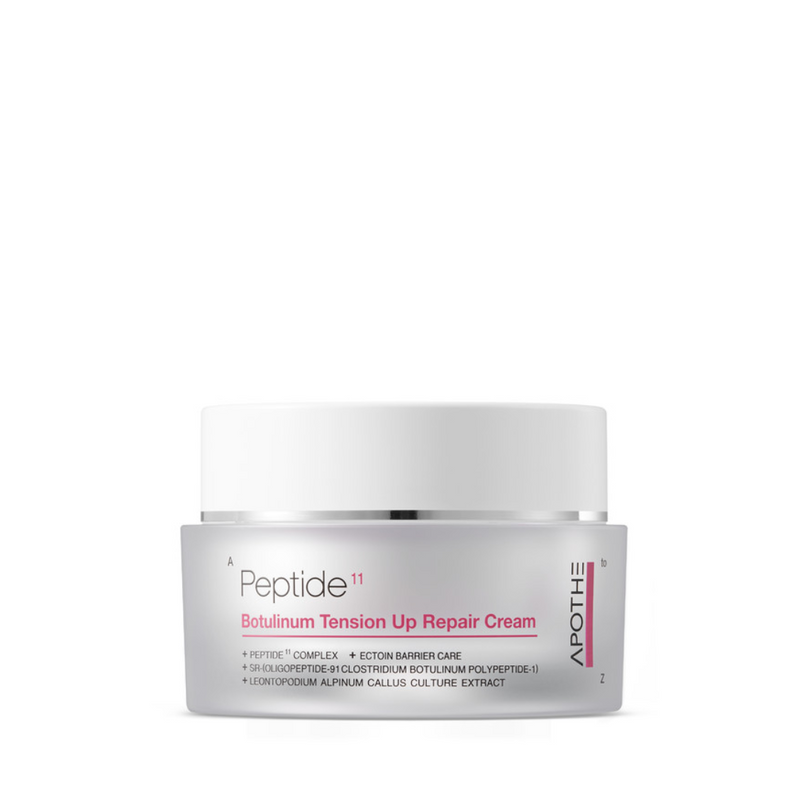 Hvid krukke med APOTHE Peptide 11 Botulinum Tension Up Repair Cream, tekst i rød og sort.