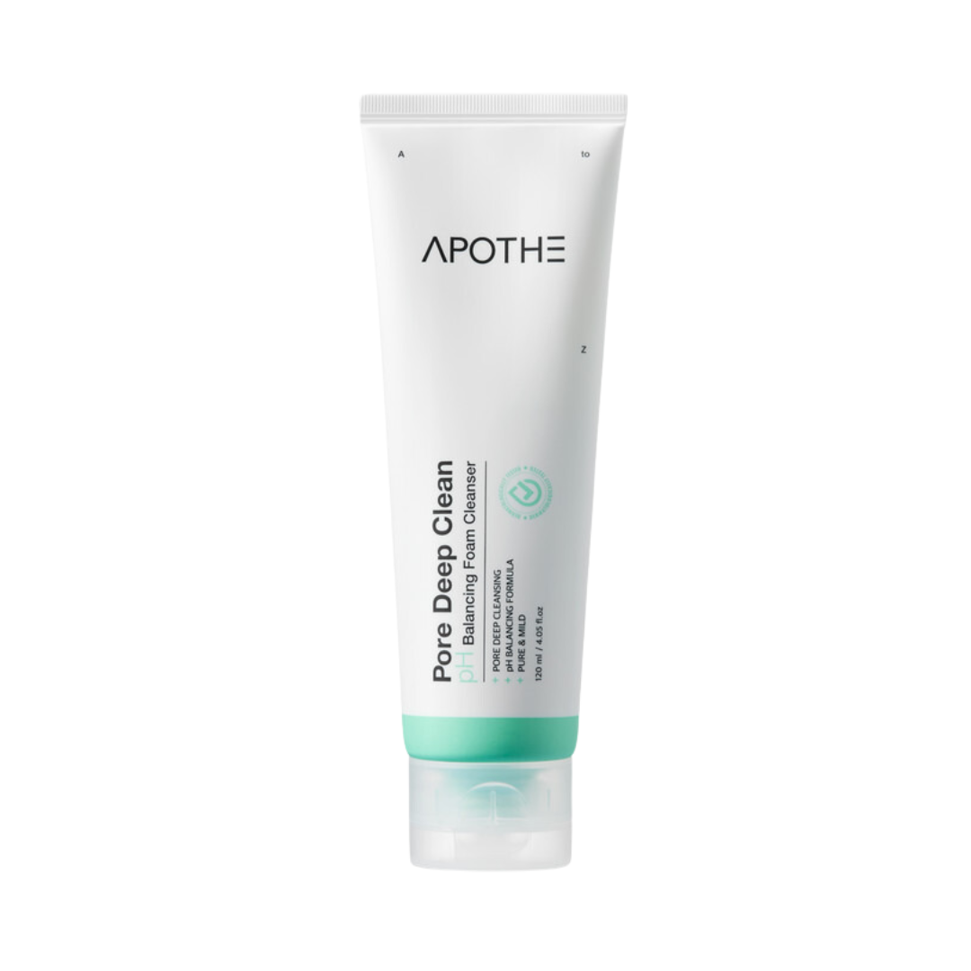 Hvid tube med APOTHE-logo, tekst "Pore Deep Clean pH Balancing Foam Cleanser" og grøn hætte.