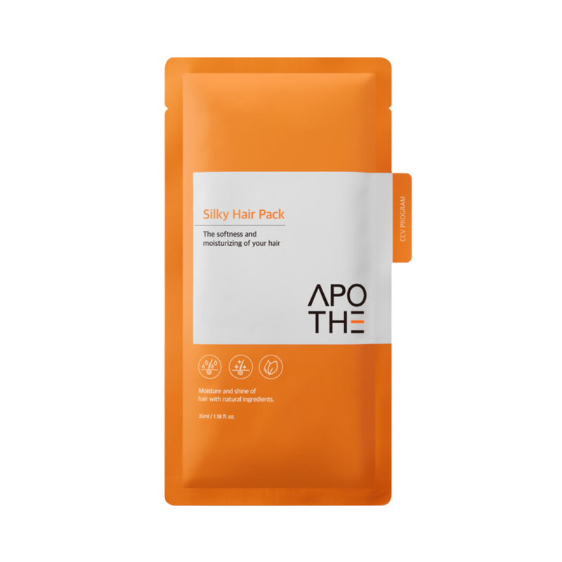 Orange pakke med "Silky Hair Pack" og APOTHE logo. Indeholder naturlige ingredienser til fugtigt hår.