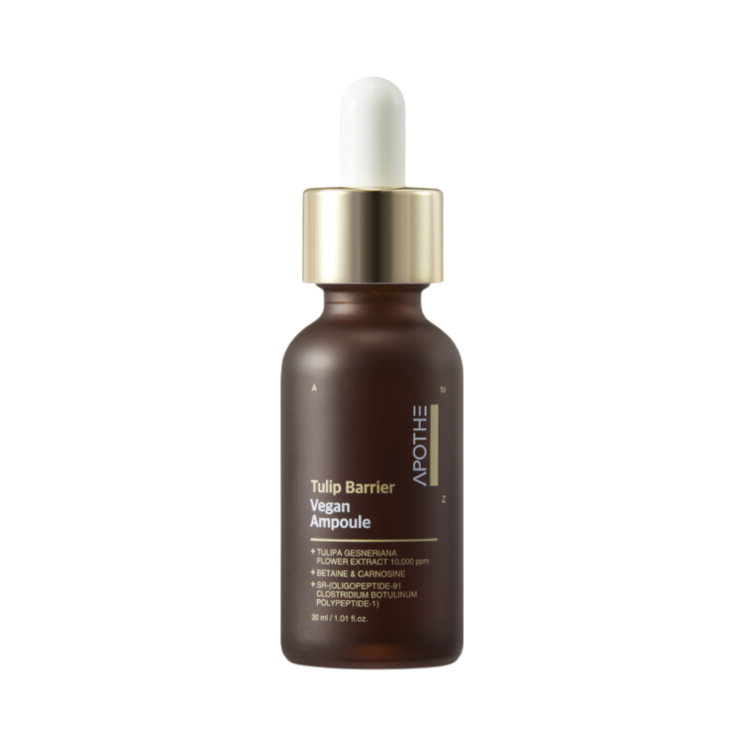 Brun flaske med guldpipette, mærket "APOTHE Tulip Barrier Vegan Ampoule" på forsiden.
