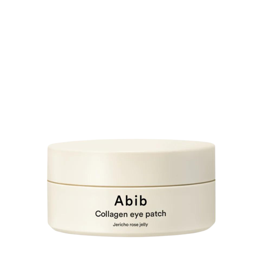 Lys krukke med teksten "Abib Collagen eye patch Jericho rose jelly" i sort skrift.