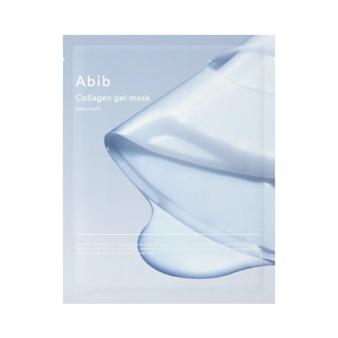 Emballage til Abib Collagen Gel Mask Sedum Jelly med et gennemsigtigt maske-design på lyseblå baggrund.