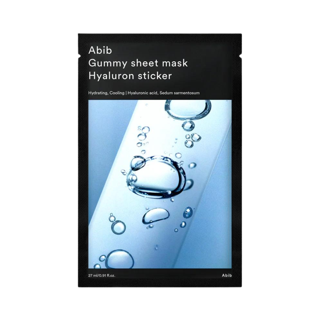 Sort pakke med vanddråber på blå baggrund, tekst "Abib Gummy Sheet Mask Hyaluron Sticker".