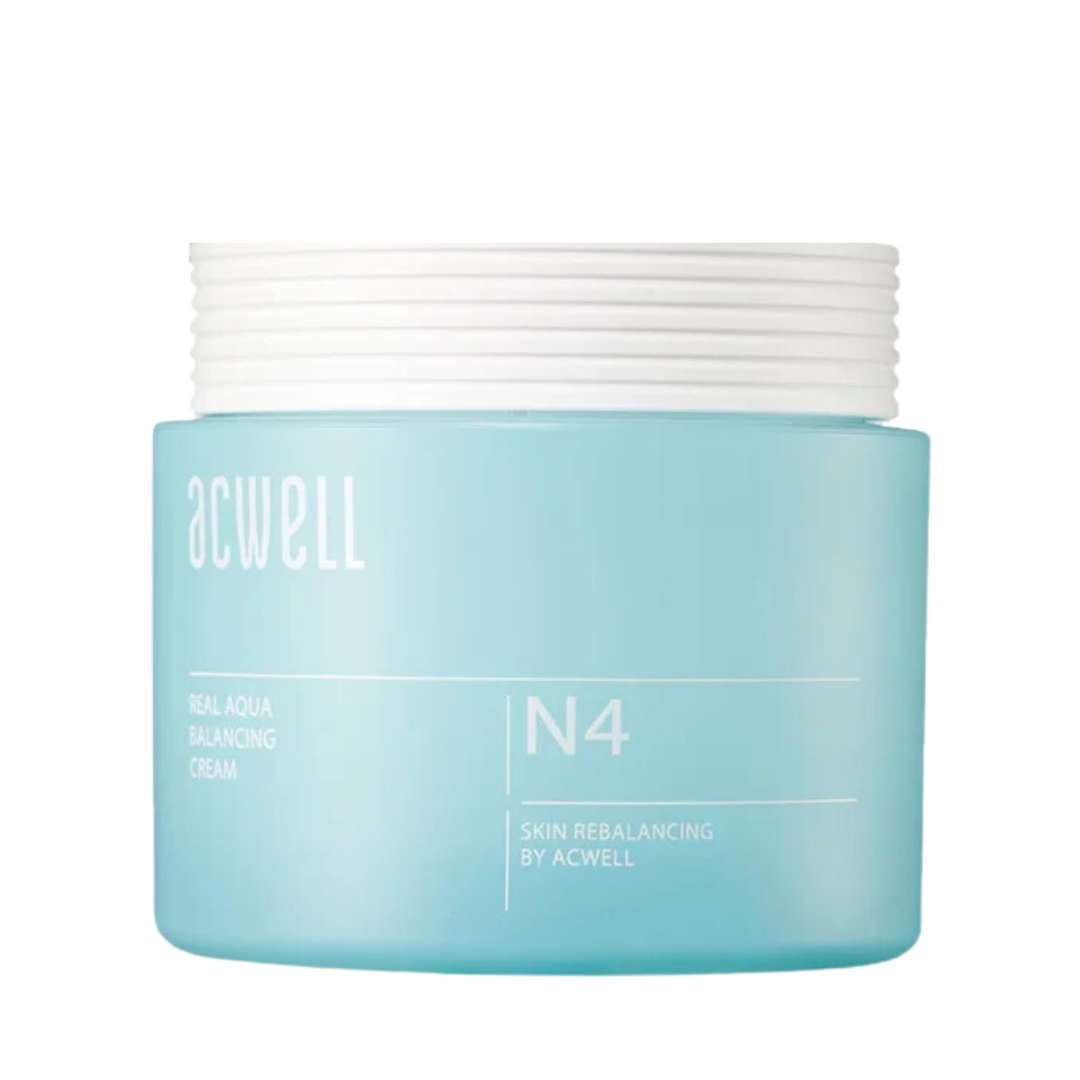 Lys blå krukke med hvid tekst: "acwell," "Real Aqua Balancing Cream," "N4."