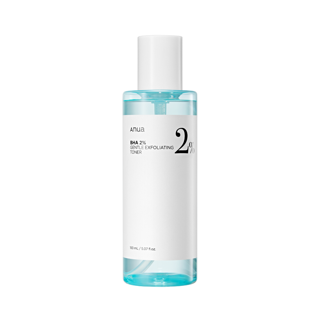 Klar flaske med hvid etiket, Anua BHA 2% toner, blå væske, hvid hætte, minimalistisk design.