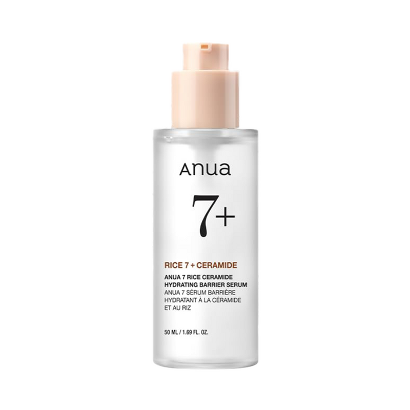 Klar flaske med beige pumpe, mærket "Anua 7+" og produktdetaljer. 50 ml.