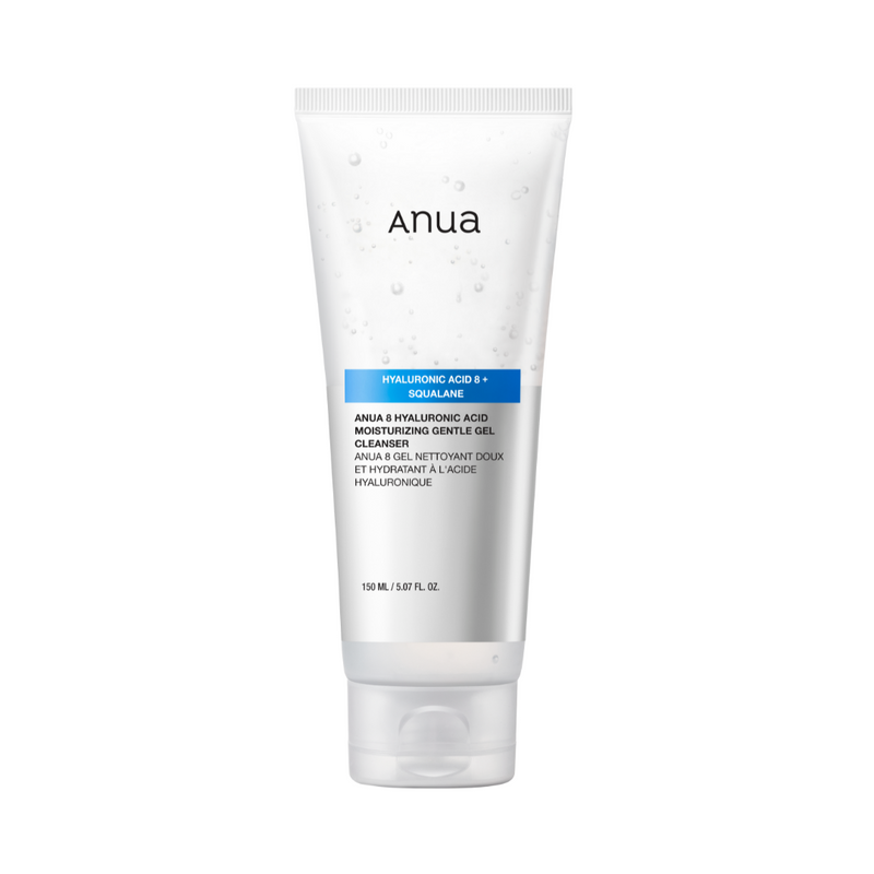 Hvid tube med teksten "Anua" og blå etiket med "Hyaluronic Acid 8 + Squalane", 150 ml.
