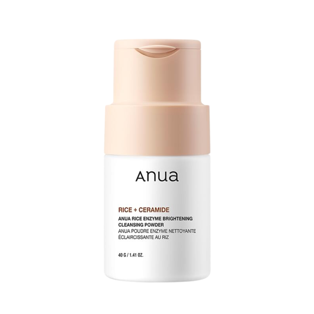 Hvid flaske med beige låg, mærket "Anua Rice + Ceramide" rensende pulver, 40g.