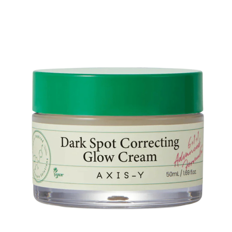 Krukke med grøn låg og beige etiket: "Dark Spot Correcting Glow Cream" af AXIS-Y, 50ml.