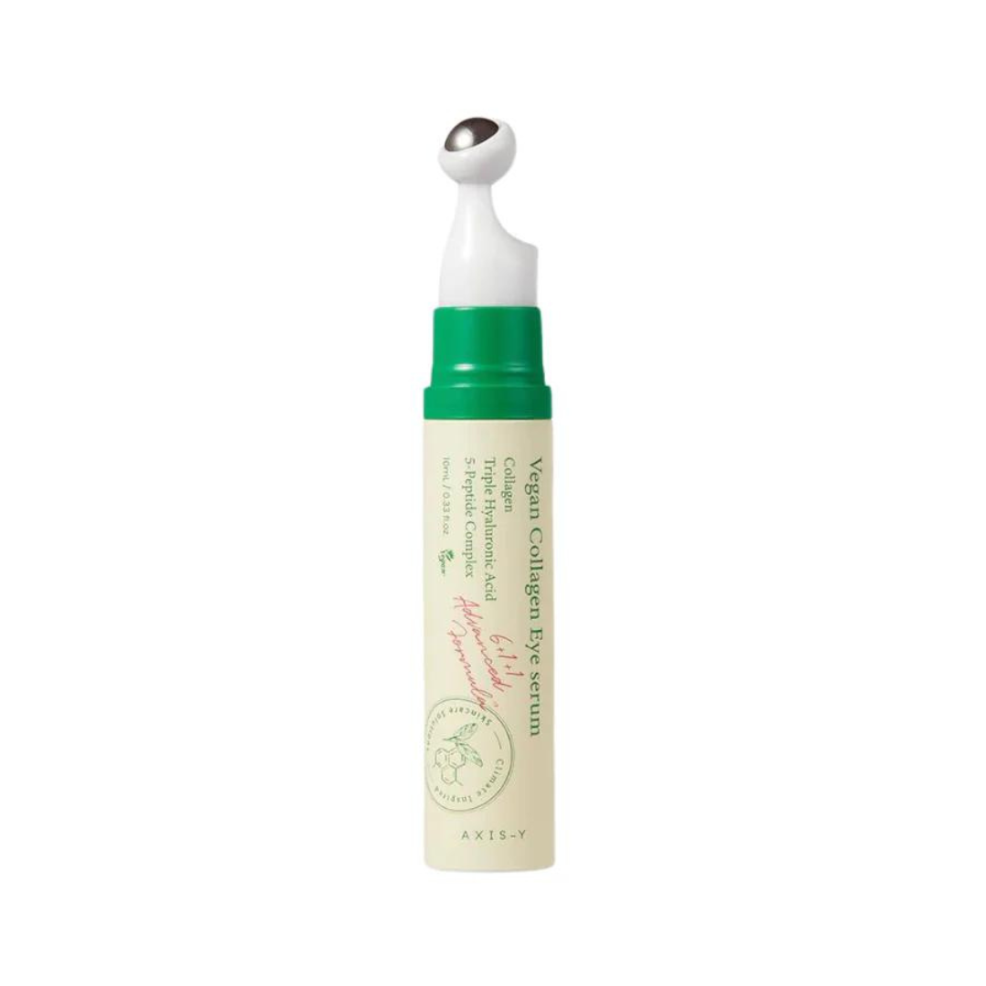 Lys grøn tube med mørkegrøn hætte og rulleapplikator, Axis-Y Vegan Collagen Eye Serum.