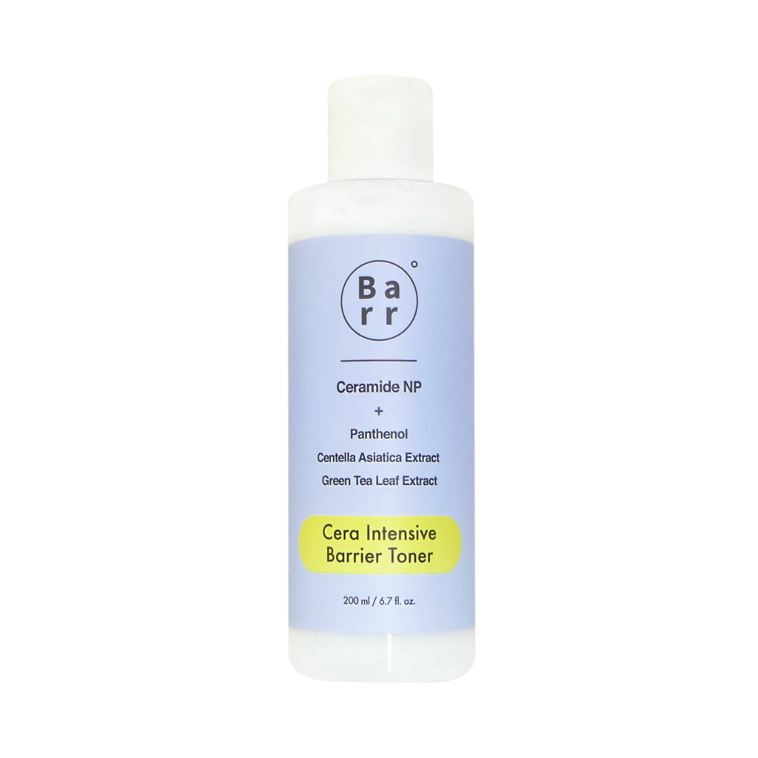 Hvid flaske med lilla etiket, tekst "Barr," "Ceramide NP," "Panthenol," 200 ml, toner til barriere.