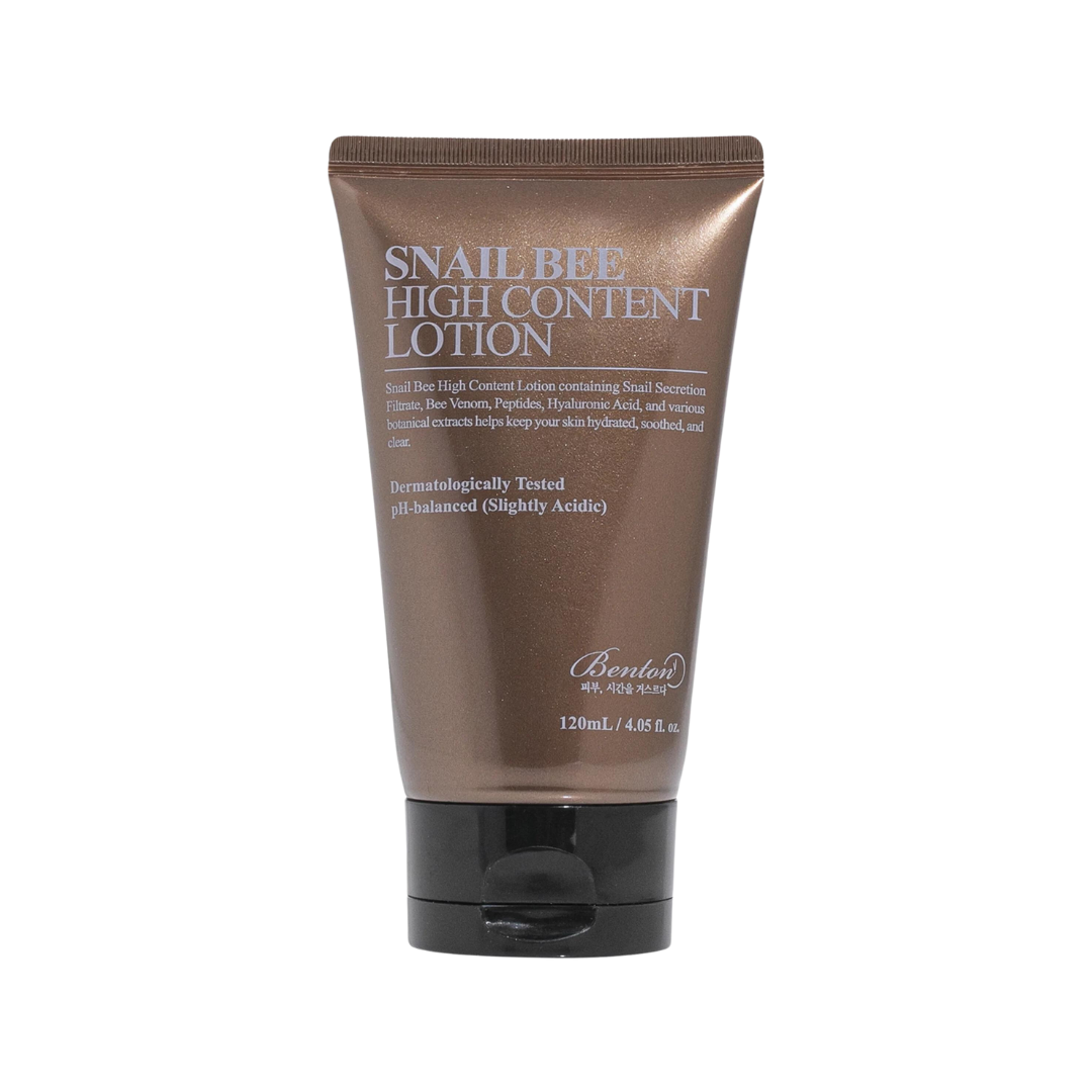 Brun tube med Benton Snail Bee High Content Lotion, 120 ml. Tekst om indhold og pH-balanceret.