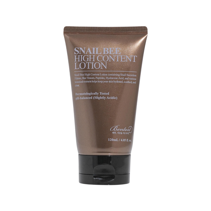 Brun tube med Benton Snail Bee High Content Lotion, 120 ml. Tekst om indhold og pH-balanceret.
