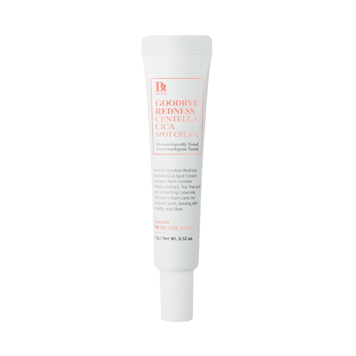 Hvid tube med Benton Goodbye Redness Centella Spot Cream. Rød tekst og produktinfo på forsiden.