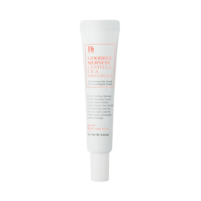 Hvid tube med Benton Goodbye Redness Centella Spot Cream. Rød tekst og produktinfo på forsiden.