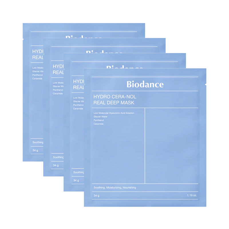 Fire blå pakker Biodance Hydro Cera-nol Real Deep Mask med produktinformationer.