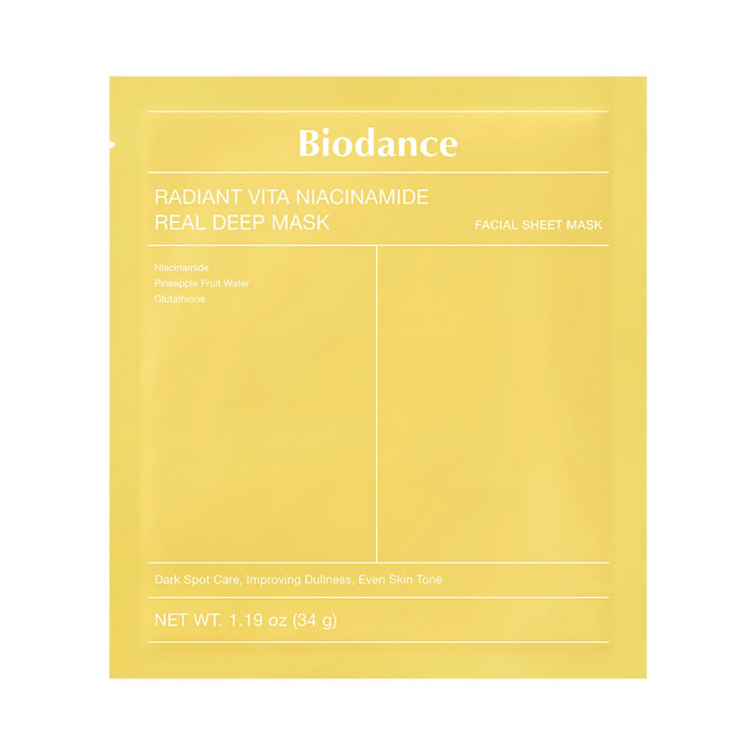 Gul pakke med Biodance Radiant Vita Niacinamide maske, 34g. Ingredienser: Niacinamid, ananas.